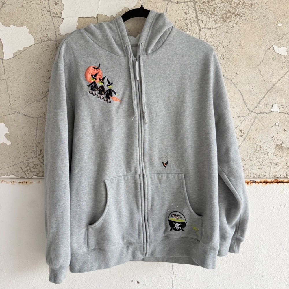 Vintage Halloween Hoodie Zip Up Sweatshirt Embroidered Witch Cauldron Spooky XL